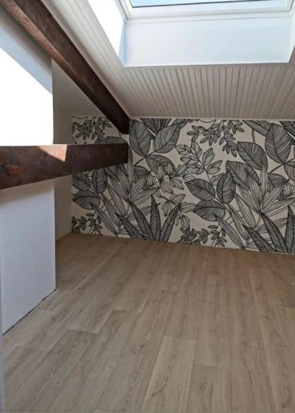 Rénovation intérieure à Toulouse avec pose de papier peint panoramique, peinture de plafond et parquet contrecollé